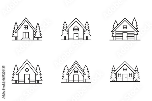 Collection of Linear Style Cabin Icons with Trees Isolated on White Background for Design and Decoration