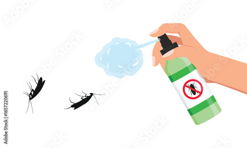 Hand with Cockroach spray concept. Fight against insects in home. Chemical agent for protection against insects