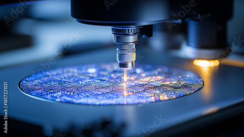 A semiconductor wafer is patterned by a precision laser under blue illumination, inside a controlled clean room. The composition communicates advanced microelectronics fabrication