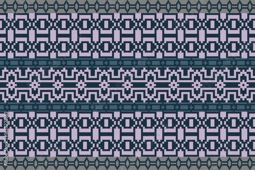 Shades of Purple and Blue Traditional Embroidery Art Abstract with Pixel Art Designs for Textile Print