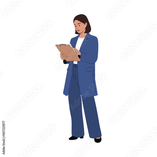 A professional woman in a blue suit holding a clipboard and writing on a document.