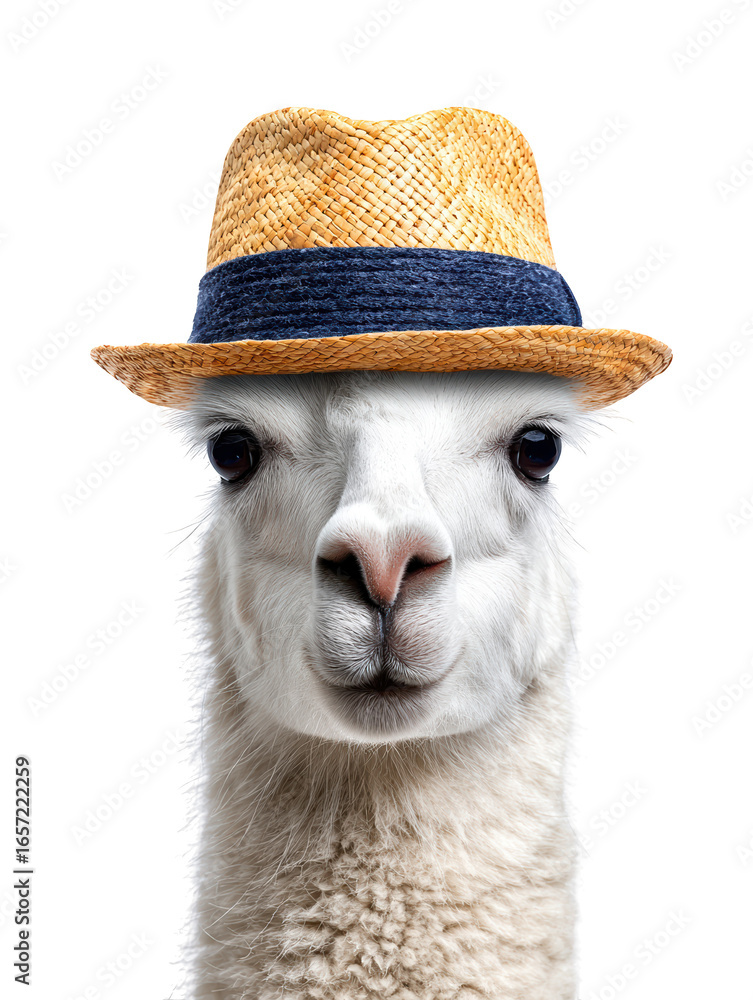Fototapeta premium A charming portrait of a fluffy white llama gracefully wearing a rustic woven straw hat posing elegantly against a simple clean background showcasing its gentle nature