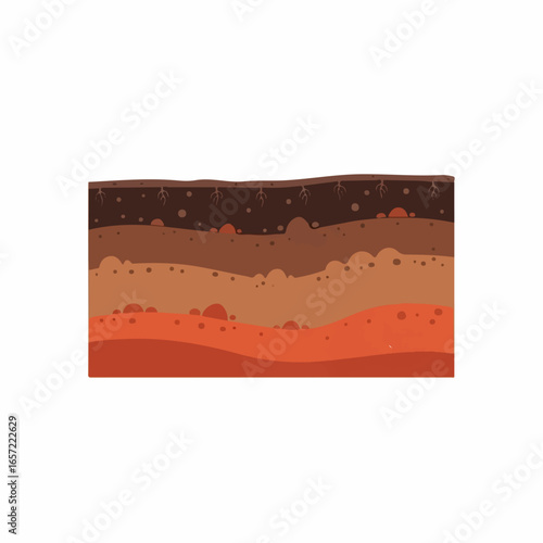 Flat vector illustration of a soil cross-section showing different horizons, layers of earth, rocks, and roots.