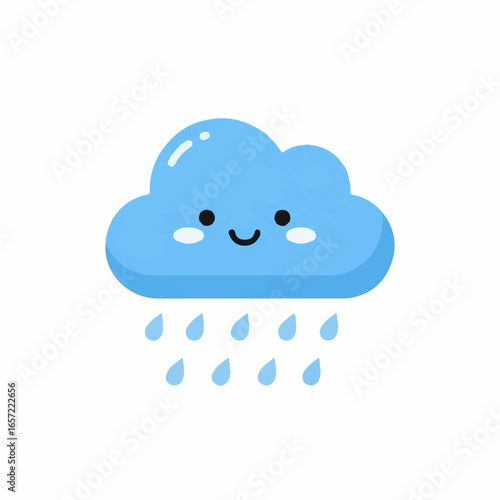 A cute, happy, light blue cartoon rain cloud with a smiling face and falling raindrops.