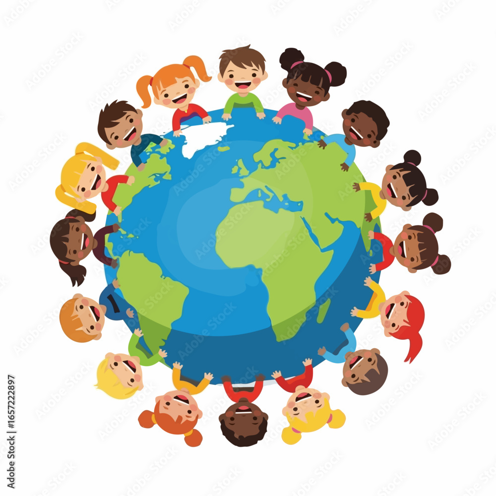 Naklejka premium A diverse group of happy, smiling cartoon children of various ethnicities arranged in a circle around the planet Earth.
