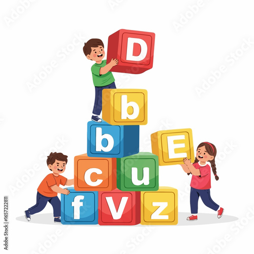 Three happy children building a colorful tower together with large alphabet blocks.