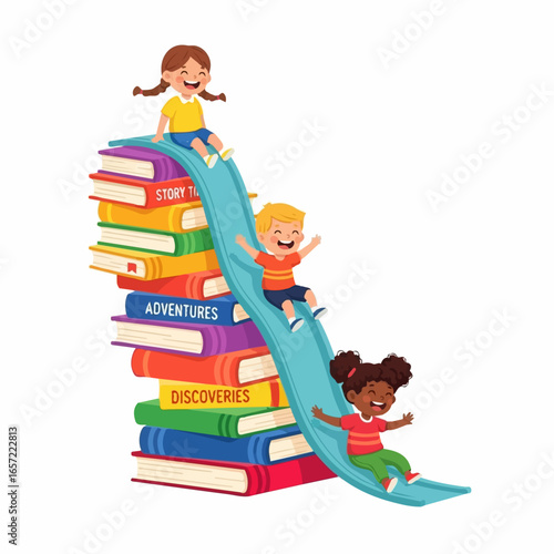 Joyful diverse children sliding down a tall, colorful stack of storybooks representing fun, learning, and adventure.