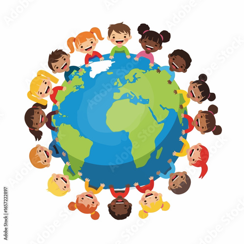 A diverse group of happy, smiling cartoon children of various ethnicities arranged in a circle around the planet Earth.