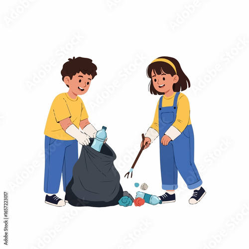 Cartoon boy and girl volunteers smiling while collecting plastic trash into a black garbage bag.