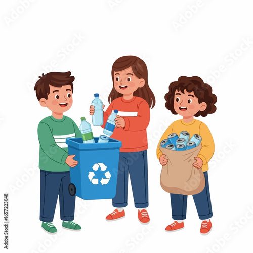 Three smiling cartoon children actively recycling plastic bottles and aluminum cans into a blue bin.