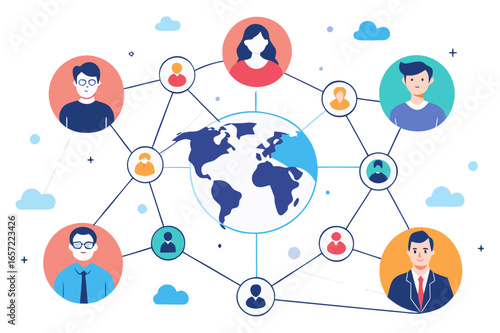 An illustration of a global network with a world map at the center and people's faces connected by lines. It represents a a worldwide business, social network, or global collaboration.