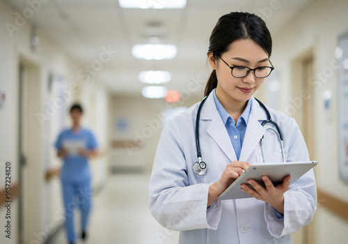 Asian female doctor in white coat and glasses uses a tablet in a hospital hallway, with another medical professional visible in the background.