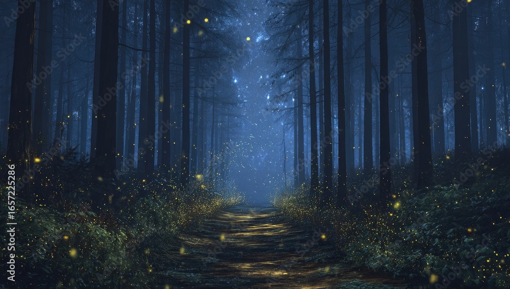 Naklejka premium Enchanting night forest path illuminated by fireflies (4)