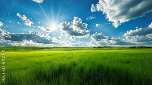 Vibrant Green Field Landscape Under Dynamic Blue Sky with Bright Sunburst and Fluffy Clouds.