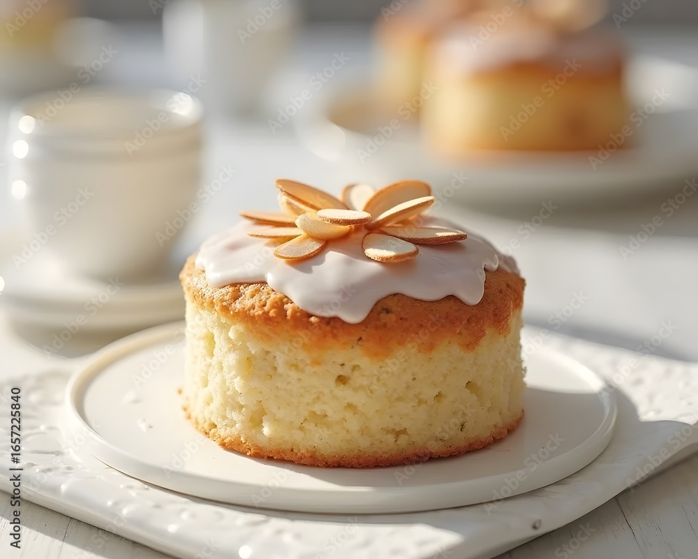 Almond Cake Harmony: A fluffy almond-flavored cake topped with sliced almonds and a light glaze, styled in an elegant dessert presentation. Almond Cake Harmony: A fluffy almond-flavored cake topped with sliced almonds and a light glaze, styled in an elegant dessert presentation.