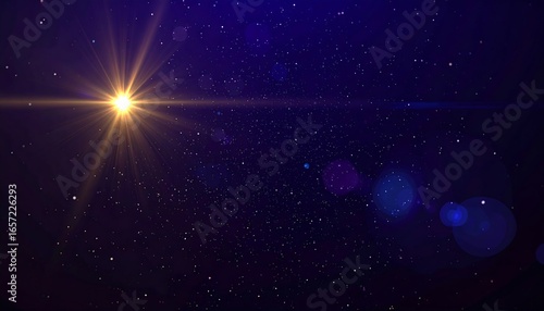 A radiant, golden light source bursts forth against a deep, star-dusted night sky, showcasing intricate light flares and a captivating color palette.