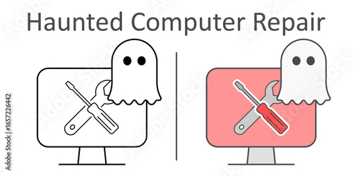 Haunted Computer Repair — desktop PC with ghost floating from the monitor, spooky Halloween tech support icon.