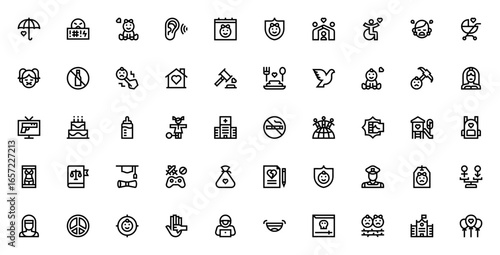 Children protection icon set. Vector illustration. Includes symbols for child safety, anti-bullying, law, education, family, no violence, and more. Editable stroke.