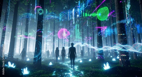 Silhouetted figures walk a glowing path through an enchanted forest filled with vibrant, ethereal digital elements.
