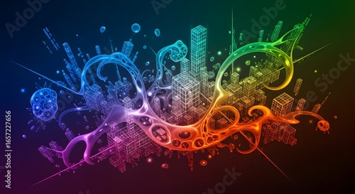 Vibrant abstract cityscape engulfed in swirling, rainbow energy.