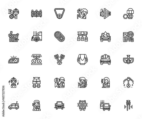 Automotive Spare Part icon set. Car repair vector illustrations. Includes symbols for brakes, airbag, clutch, piston, battery, headlight, dashboard, exhaust pipe and more. Editable stroke.