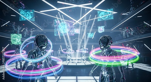 Futuristic scene featuring two robotic figures with glowing rings, set in a nightclub environment with bright neon lights and other robotic figures in the background.