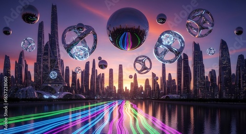 Futuristic cityscape at sunset with vibrant light trails and floating orbs.