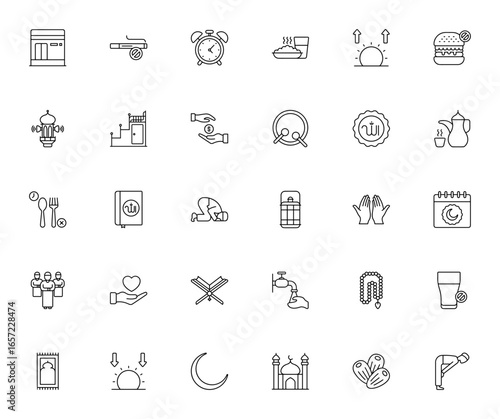 Ramadan_3228 icon set. Islamic vector illustration. Featuring symbols for Qibla, Prayer, Fasting, Mosque, Quran, Charity, Sunset, Crescent moon and more. Editable stroke.
