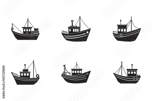 Collection of Simple Black Fishing Boat Vector Illustrations Isolated on White Background for Maritime Themes