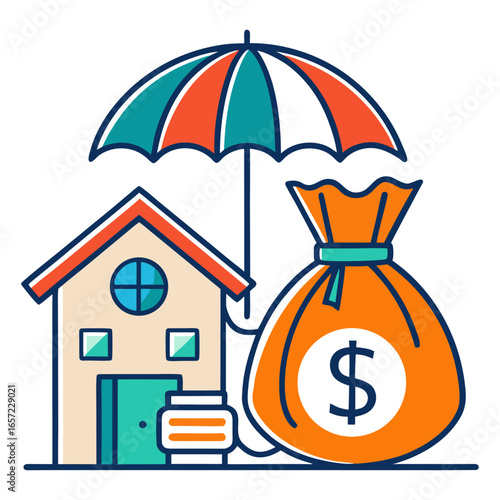 An illustration depicting a house and a money bag protected by an umbrella. This image symbolizes home insurance, property protection, financial security, and real estate investment safety.