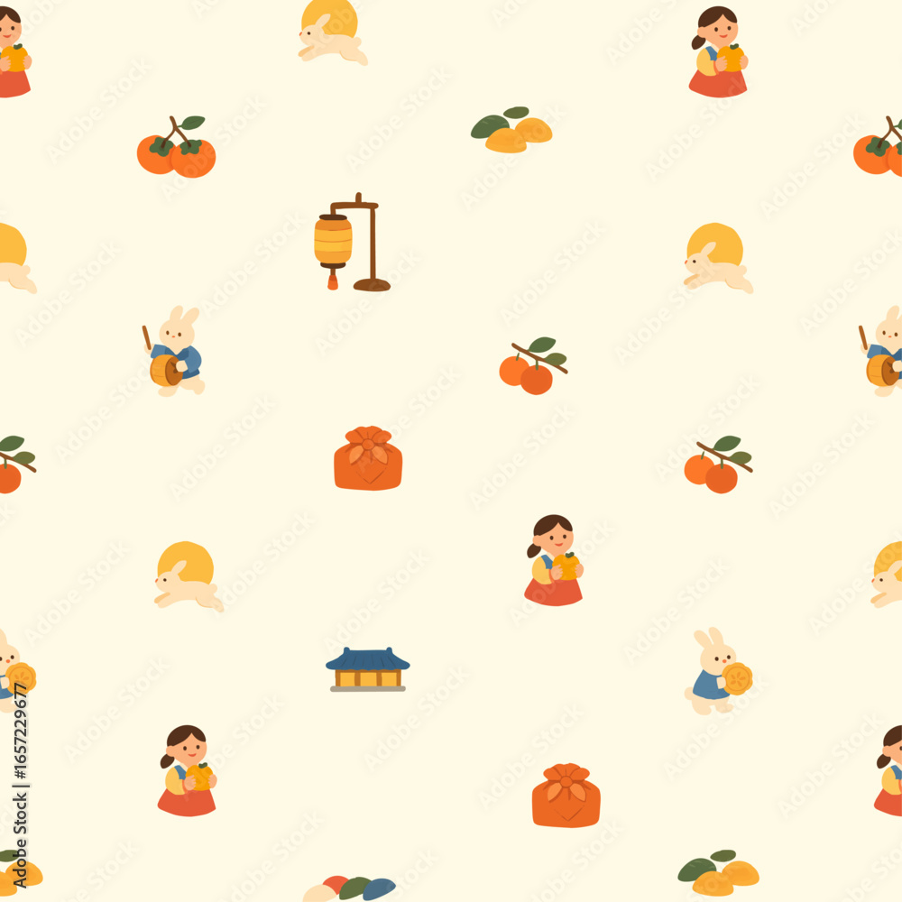 Fototapeta premium Chuseok traditional pattern, persimmon, rabbit and girl in hanbok, cute festive illustration background