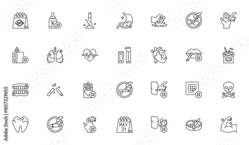 No Tobacco Day icon set. Health vector illustrations. Featuring no smoking, cigarette, lungs, heart, vape, teeth, ashtray, calendar and more. Editable stroke.