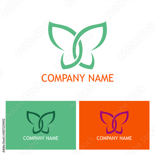 Creative intertwined leaves design, modern butterfly logo concept, presented in three variations against clean backgrounds, conveying eco-friendly innovation visually designed