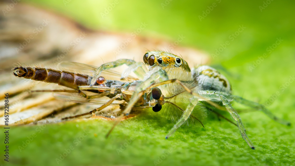 Fototapeta premium Jumping spider eating a crane fly on a green leaf