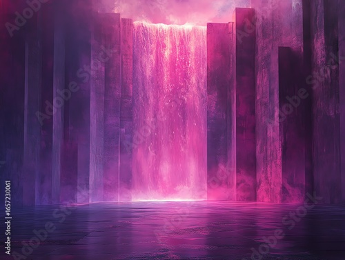 Vivid Pink and Purple Waterfall Falling Between Tall Concrete Walls in Artistic Scene