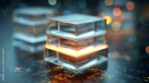 Abstract glass cube structure glows amid blurred lights, shallow focus