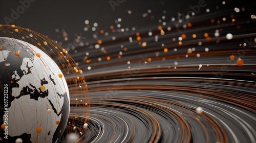 Abstract globe connected by orbiting lines, set against motion blur