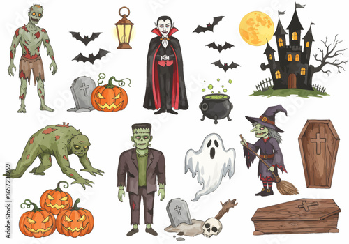 halloween characters set, watercolor illustration, zombie, vampire, draculla, pumpkins, witch, ghost, skull, spooky