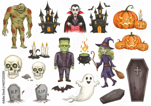 halloween characters set, watercolor illustration, zombie, vampire, draculla, pumpkins, witch, ghost, skull, spooky