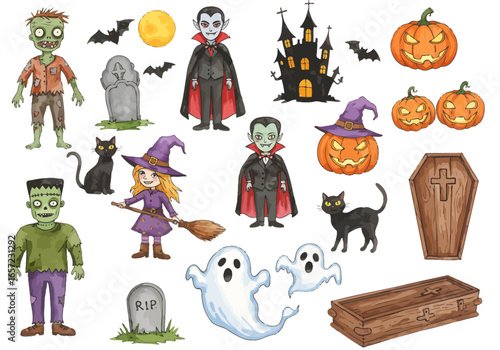 halloween characters set, watercolor illustration, zombie, vampire, draculla, pumpkins, witch, ghost, skull, spooky