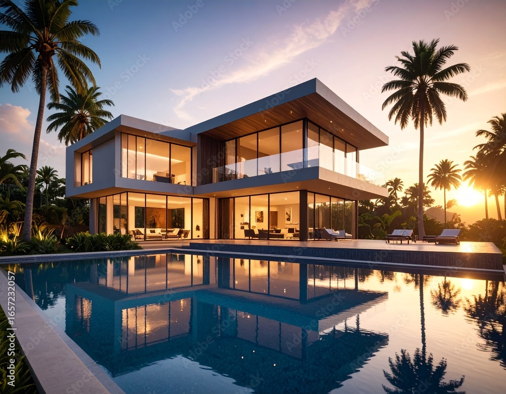 Obraz premium Luxury Modern Mansion with Infinity Pool at Sunset