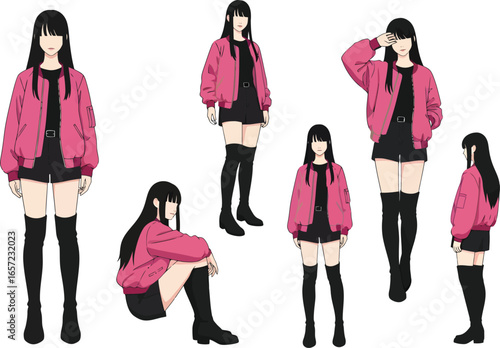 Collection of stylish young women wearing trendy pink bomber jackets and thigh high boots in various poses