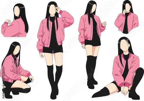 Collection of fashionable young women posing in stylish pink bomber jackets and black outfits