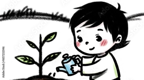 Black ink animation of a child watering a new tree, bold strokes with eco-friendly artistic theme.