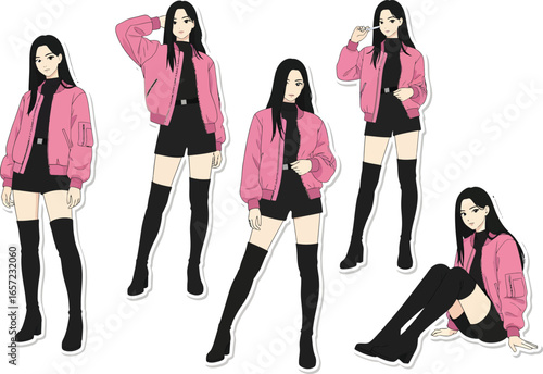 Fashionable young woman in stylish pink bomber jacket and thigh high boots poses dynamically in five different stances