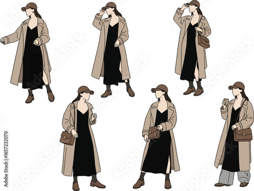 Fashionable woman wearing a long patterned coat over a black dress with a hat in various poses on a white background