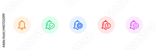 A series of circular, colorful icons depicting a bell for notifications, with different states like default, checked, settings, alert, and time.