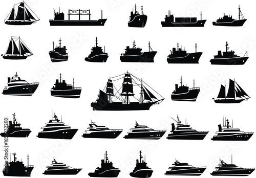 Collection of diverse sailing ships and modern vessels rendered in a stylized black silhouette art style on a white background