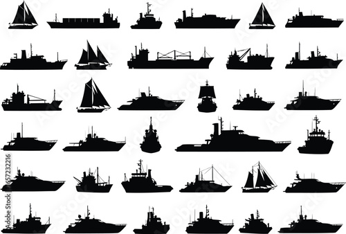 Collection of diverse nautical vessels silhouetted against a white background representing maritime transportation and shipping industry