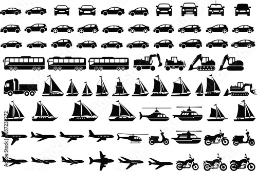 Collection of silhouetted transportation icons including cars buses boats airplanes helicopters and motorcycles